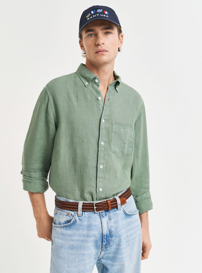 Gant Regular Fit Garment-Dyed Linen Shirt - Olive 