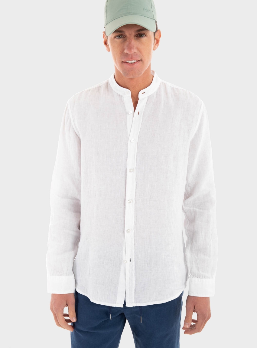 BOSS Regular Fit Stand Collar Linen Shirt Race_1_M - White