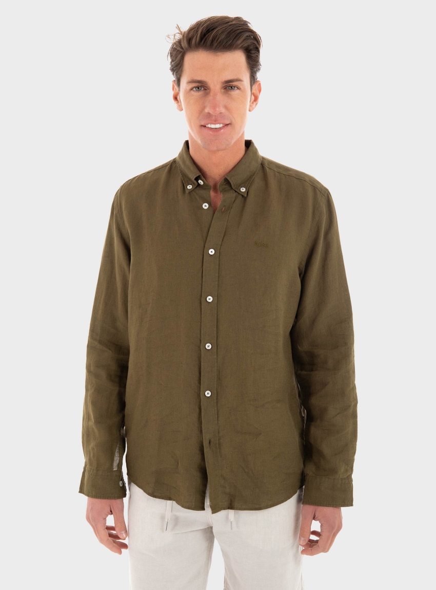 BOSS Slim Fit Linen Shirt H-ROAN-BD-E-C1-243 - Dark Olive Green