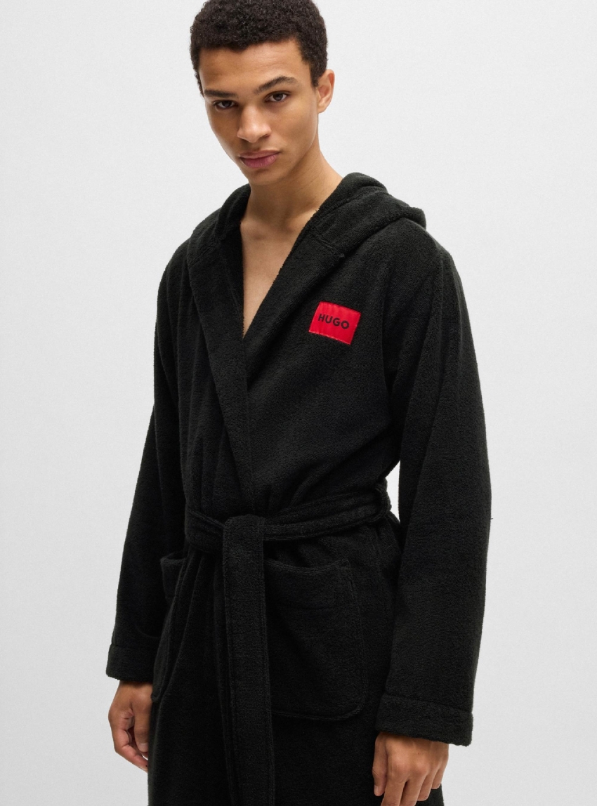 HUGO Dressing Gown With Red Logo Label Terry Gown Hooded - Black