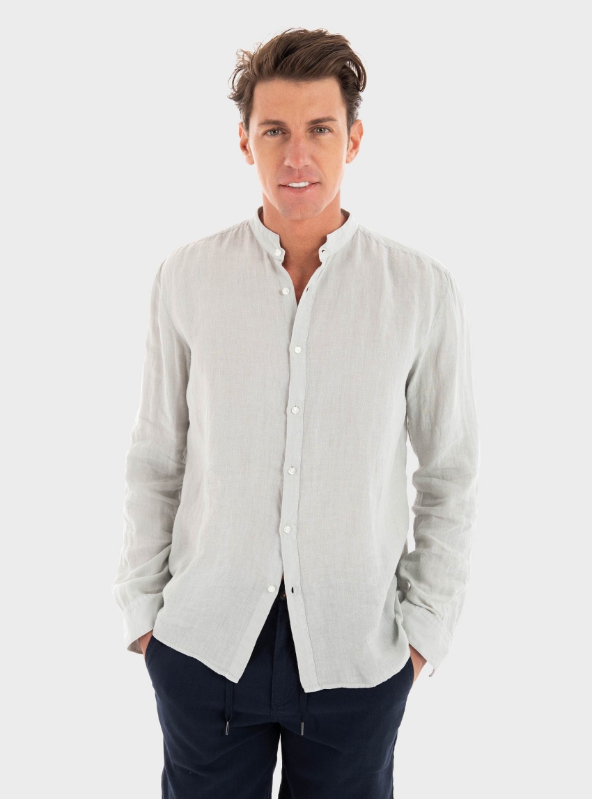 HUGO Slim-Fit Linen Shirt With Stand Collar Elvory - Light Grey