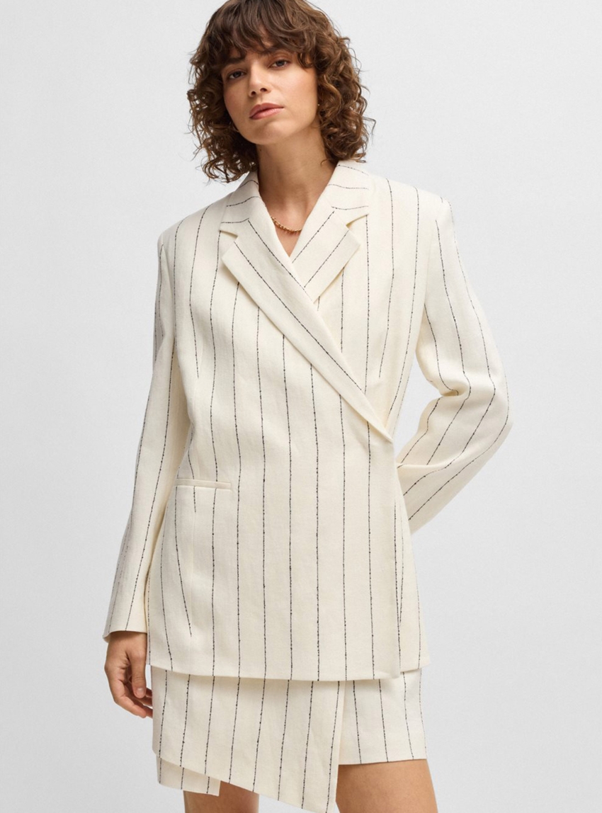 BOSS Relaxed-Fit Suit Jacket In Striped Linen-Blend Bouclé Janka-DB1 - Ecru