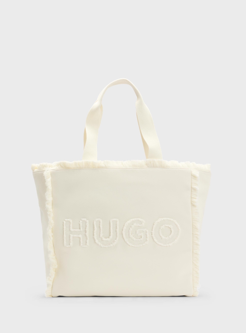 HUGO Canvas Tote Bag With Fringed Trims Becky CA - White