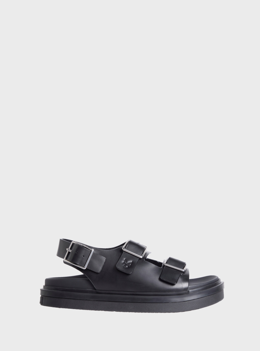 Calvin Klein Flat Molded Leather Buckle Sandals - Black