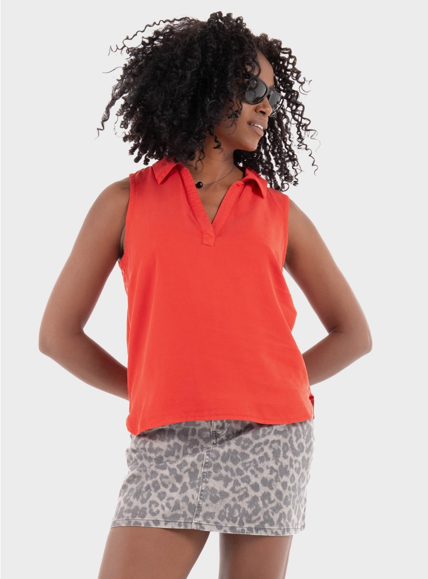 Vero Moda Harper Shirt Collar Short Tencel Top - Red