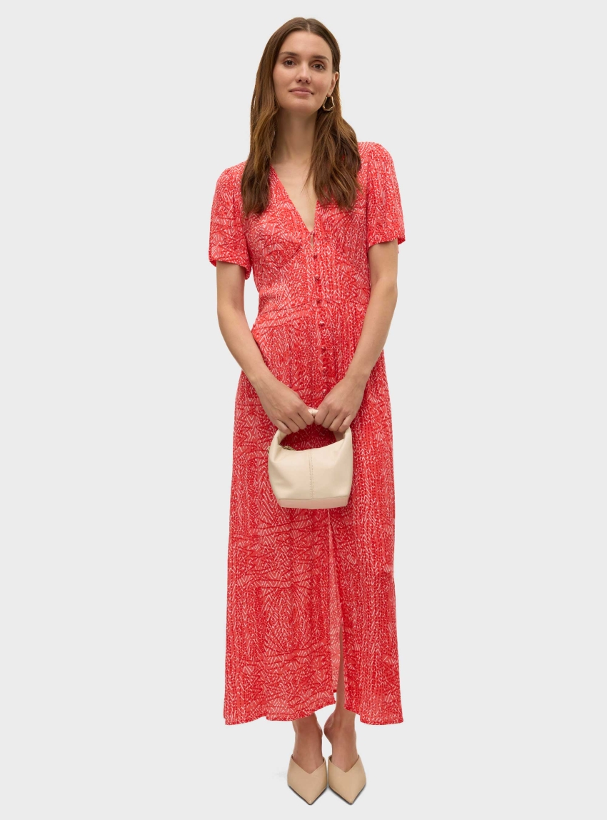 Vero Moda Menny Ss 7/8 Detail Dress - Red
