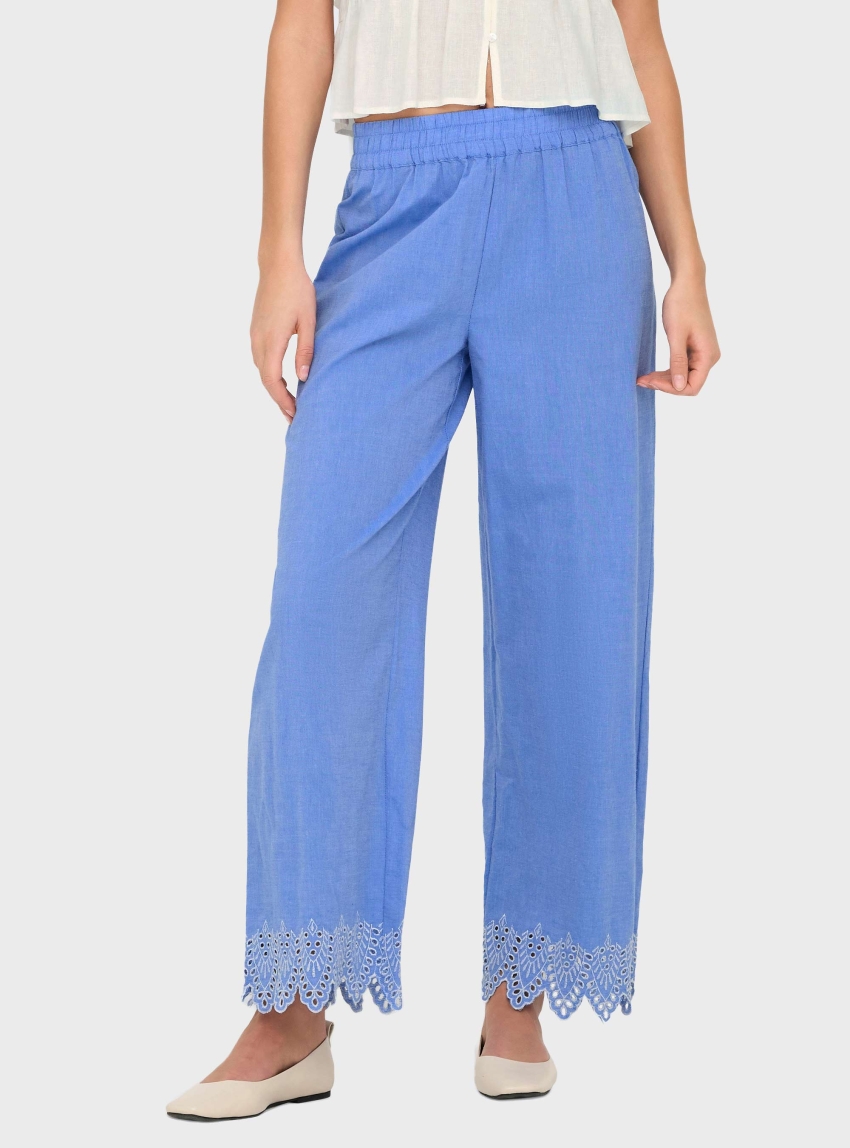 Only Paula Tulum Embroidery Pull-Up Pants - Blue