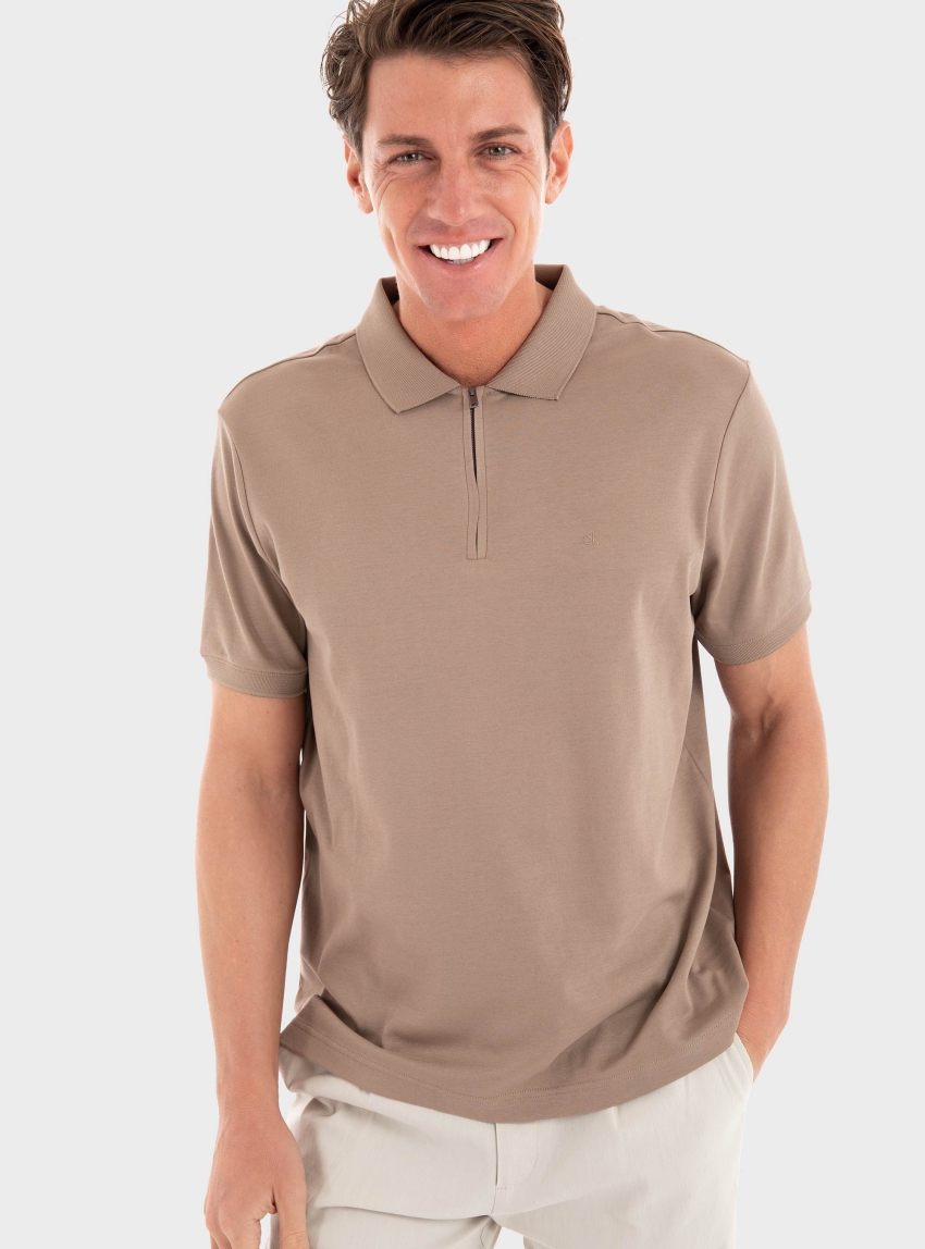 Calvin Klein Smooth Cotton Welt Zip Polo Shirt - Light Brown