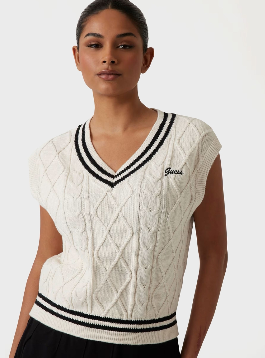 Guess Cable-Knit V-Neck Sweater - Ecru