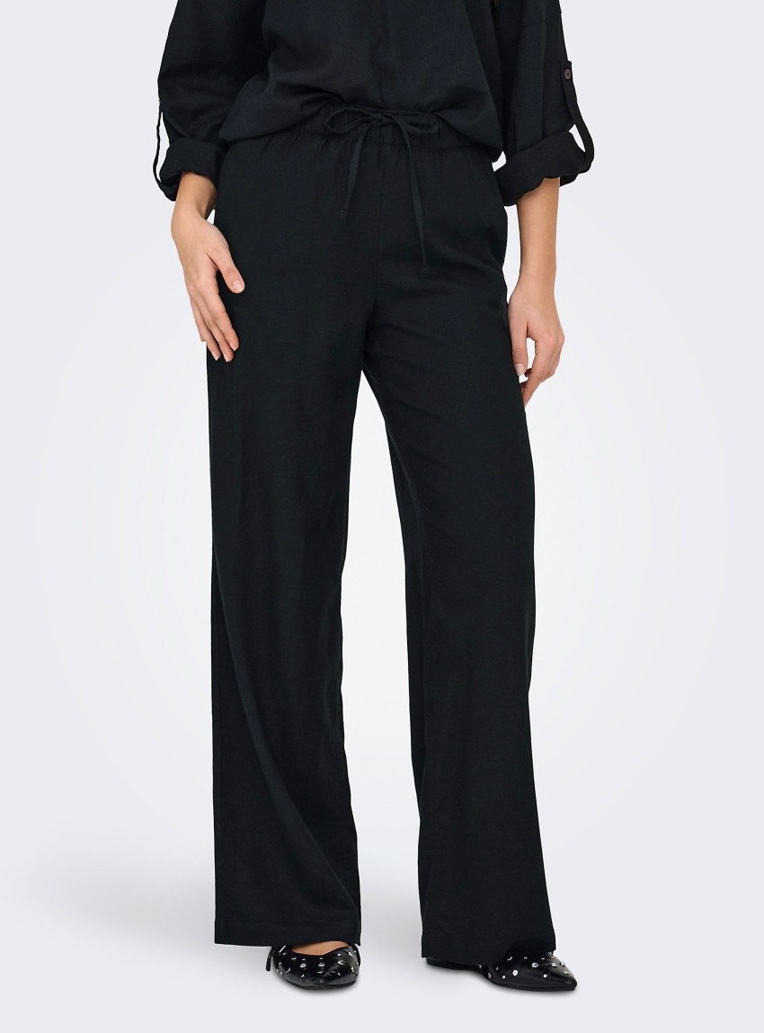Only Caro Mid Waist Linen Blend Pull-Up Pants - Black