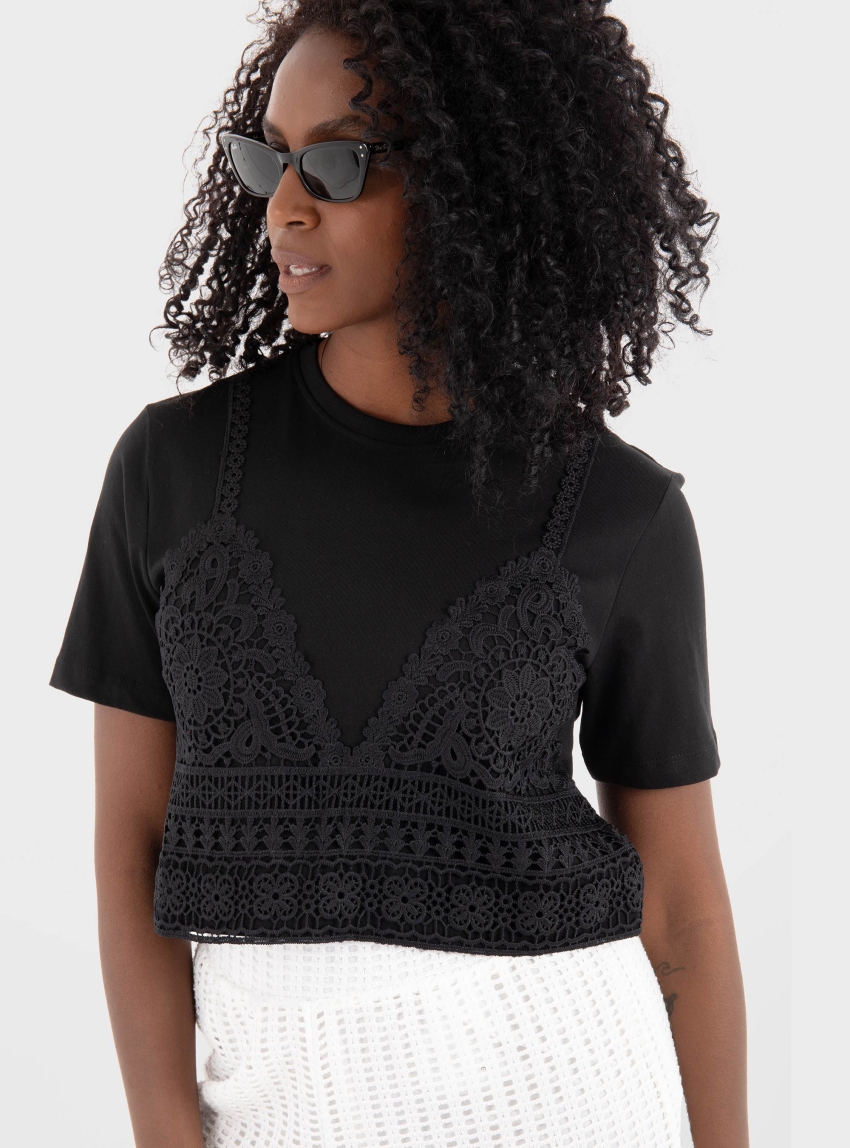 Only Betsy O-Neck Mix Crop Top - Black