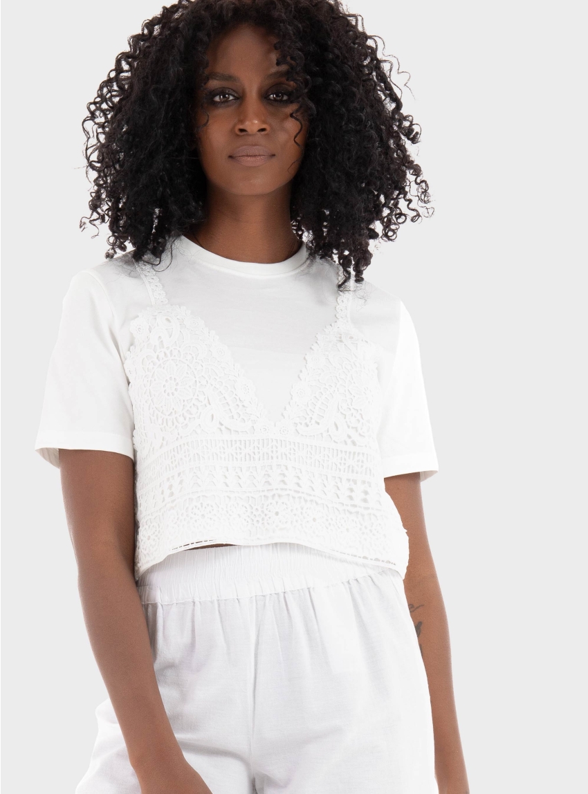 Only Betsy O-Neck Mix Crop Top - White