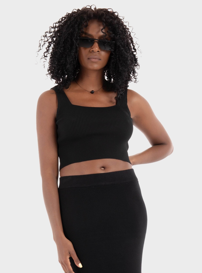 Only Tatianna Cropped Square Neck Knitted Top - Black