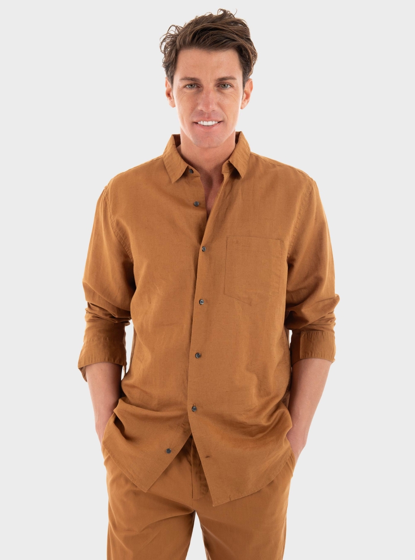 Calvin Klein Regular Fit Linen Cotton Shirt - Camel