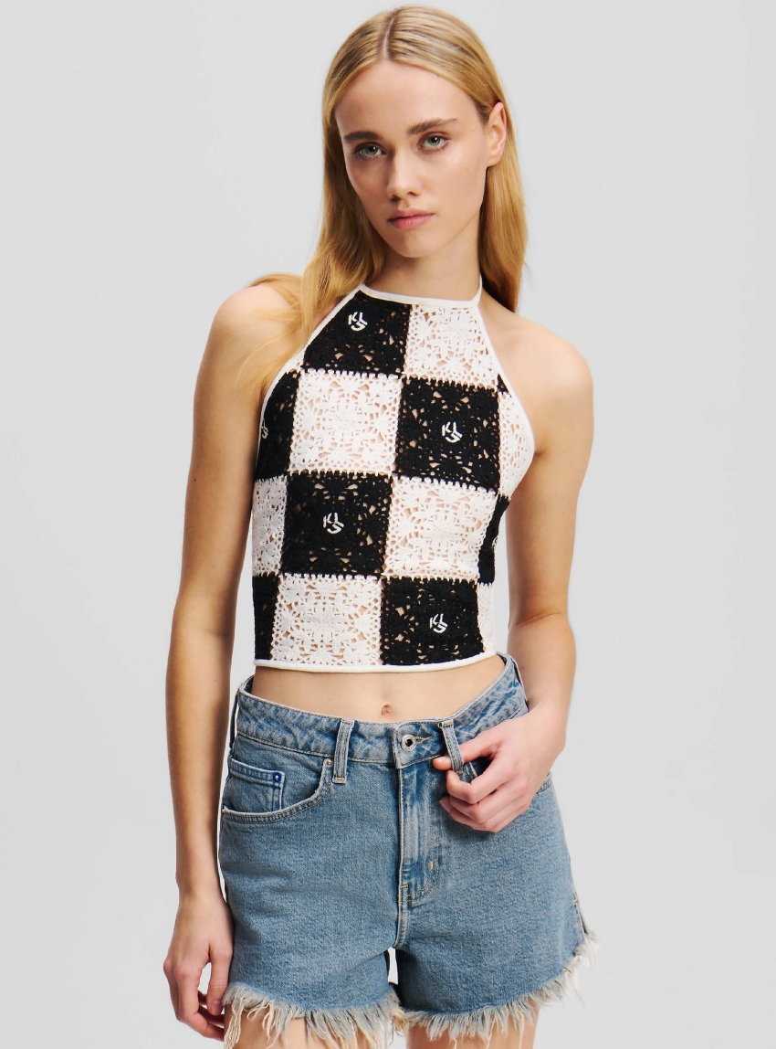 Karl Lagerfeld Jeans Crochet Halter-Neck Top - Black