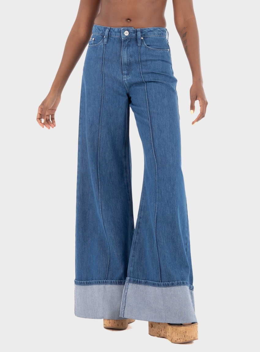 Karl Lagerfeld Folded Wide Leg Jeans - Medium Aged Denim