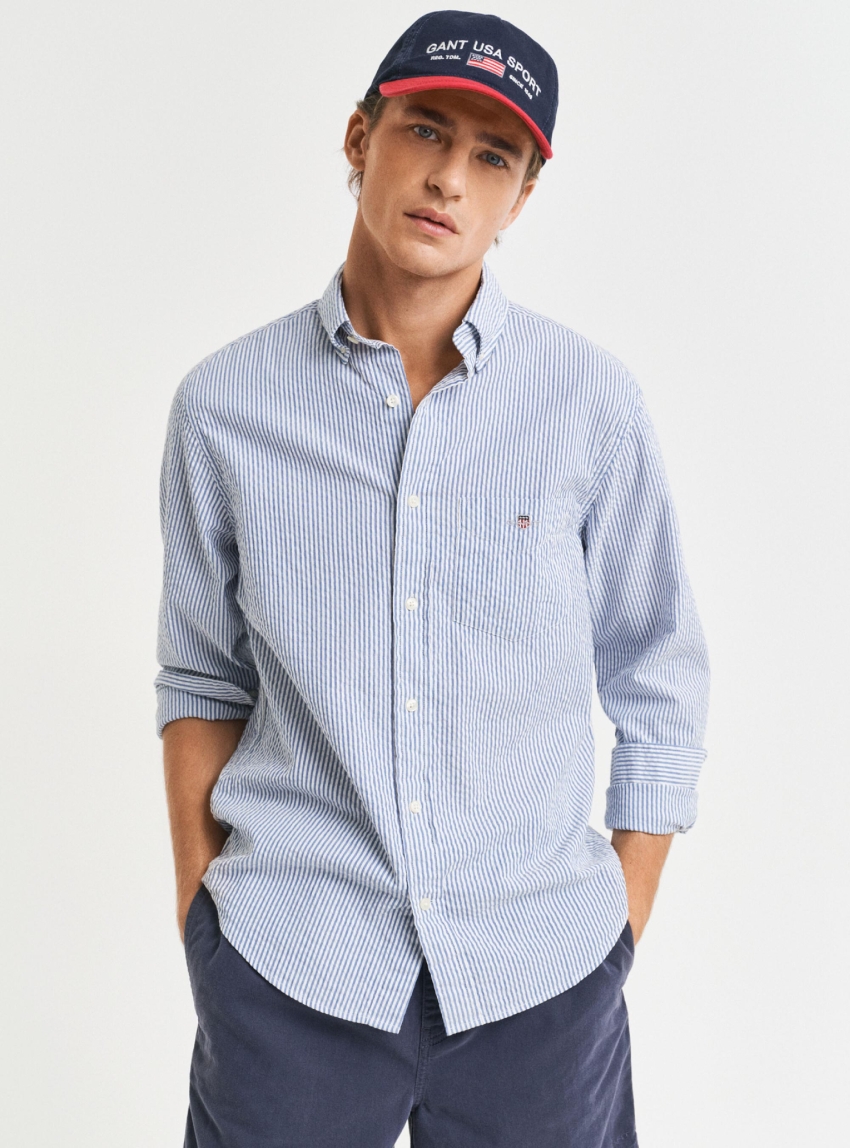 Gant Regular Fit Striped Seersucker Shirt - Blue