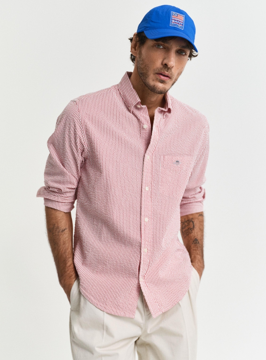 Gant Regular Fit Striped Seersucker Shirt - Red