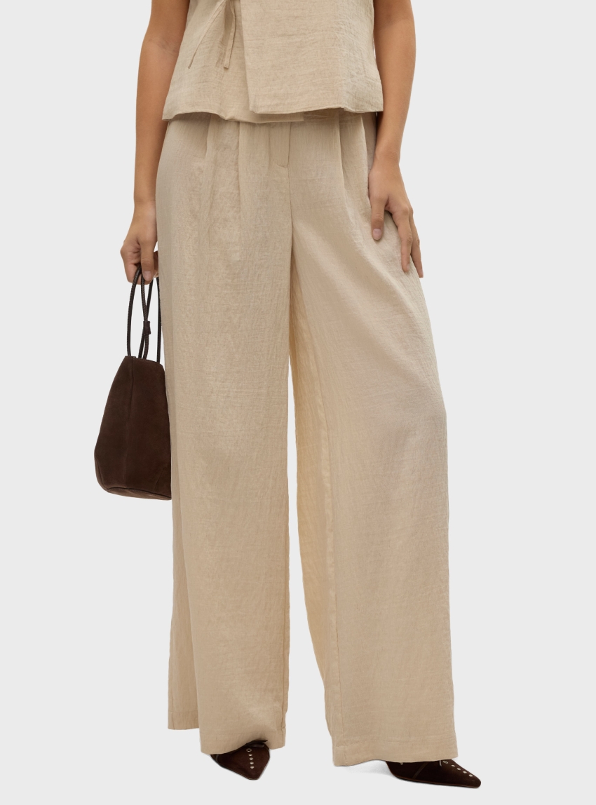 VERO MODA FEA MID WAIST PALAZZO PANTS - Light Beige