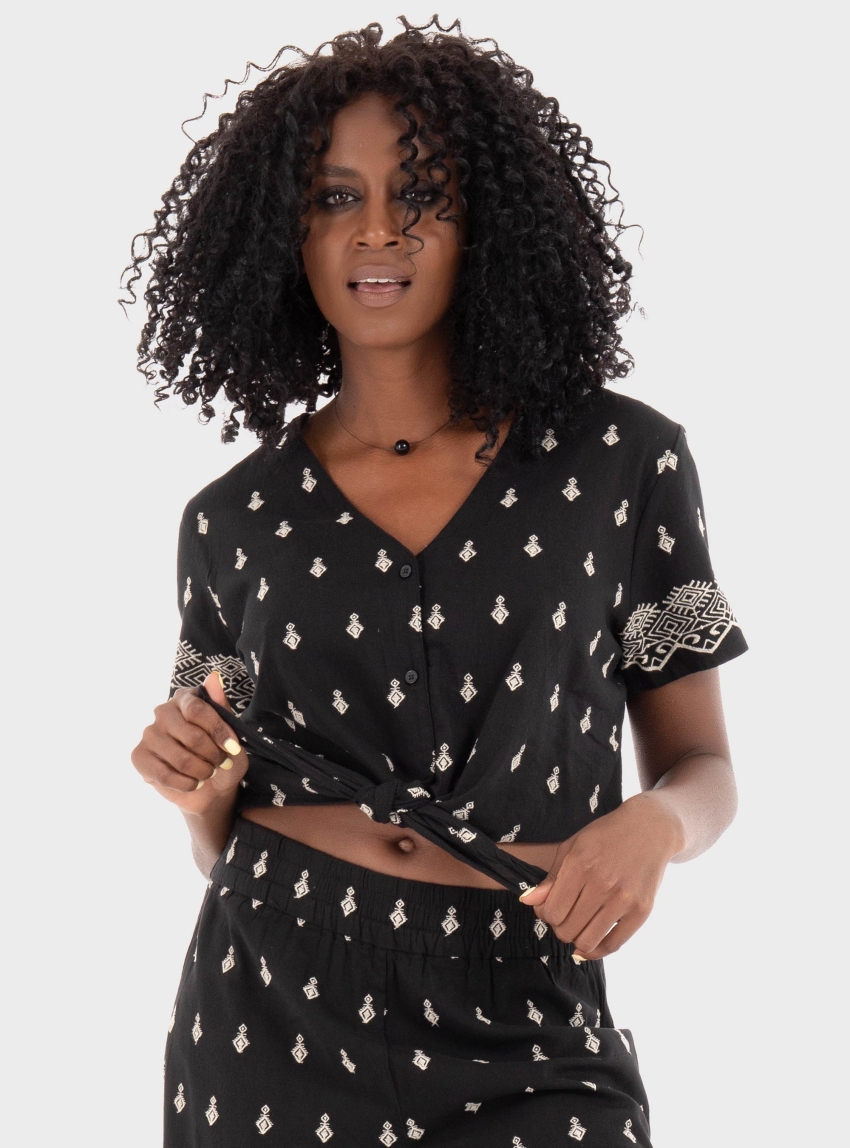 Only Siesta Willa Knot Button Top - Black