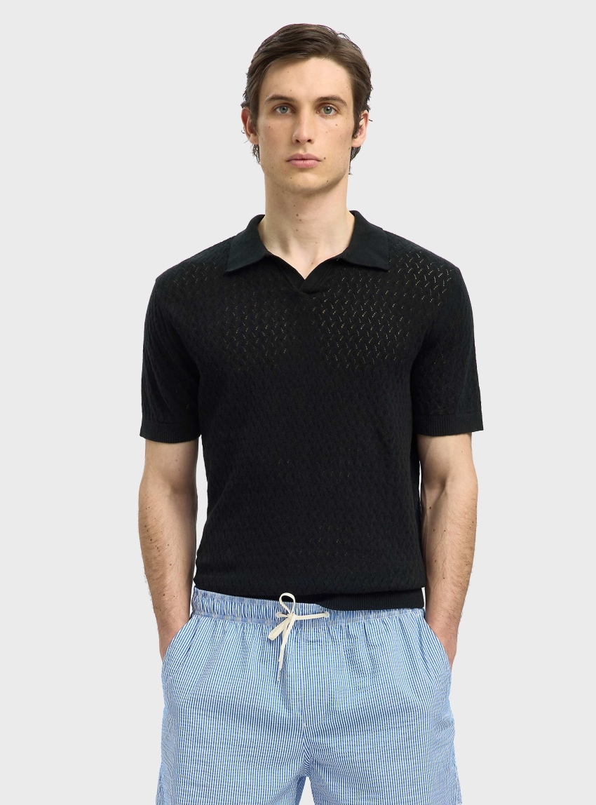 Selected Lino Knit Crochet Open Polo - Black