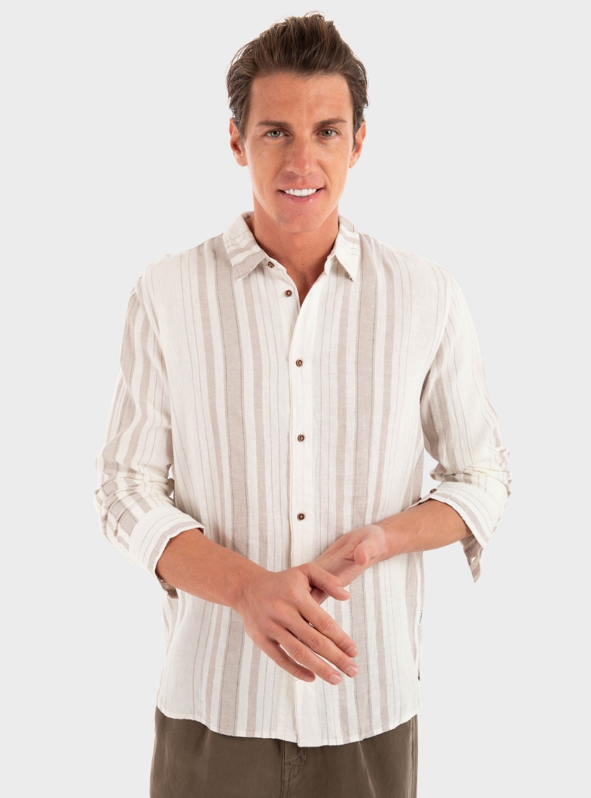 Gabba Sven Reg Lino Stripes Shirt - Beige
