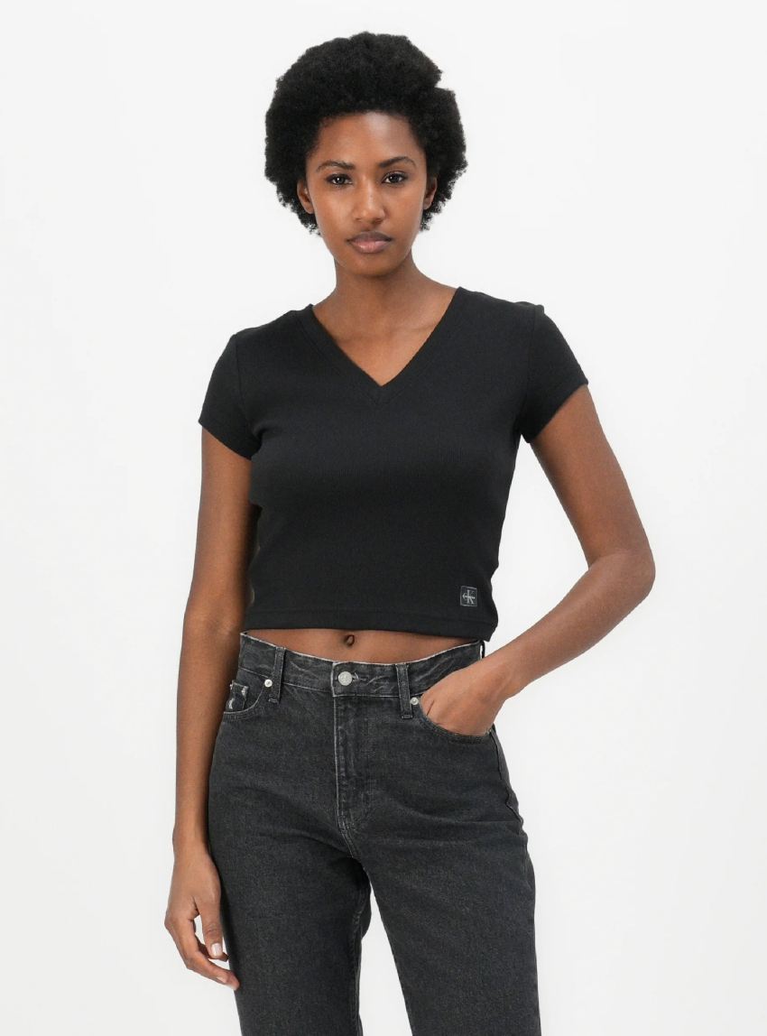 Calvin Klein Ribbed Cotton V-Neck T-shirt - Black