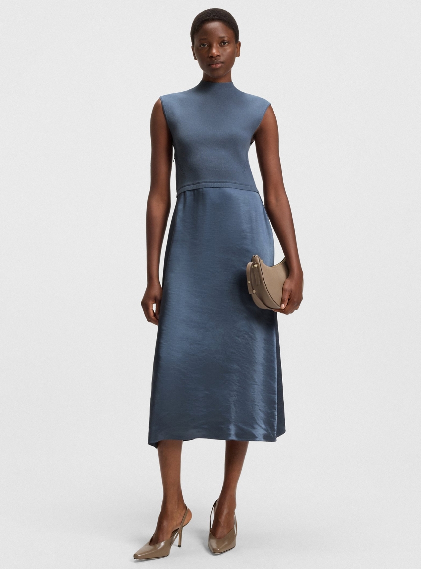 BOSS Knitted Dress With Satin Skirt Ferdolini - Blue