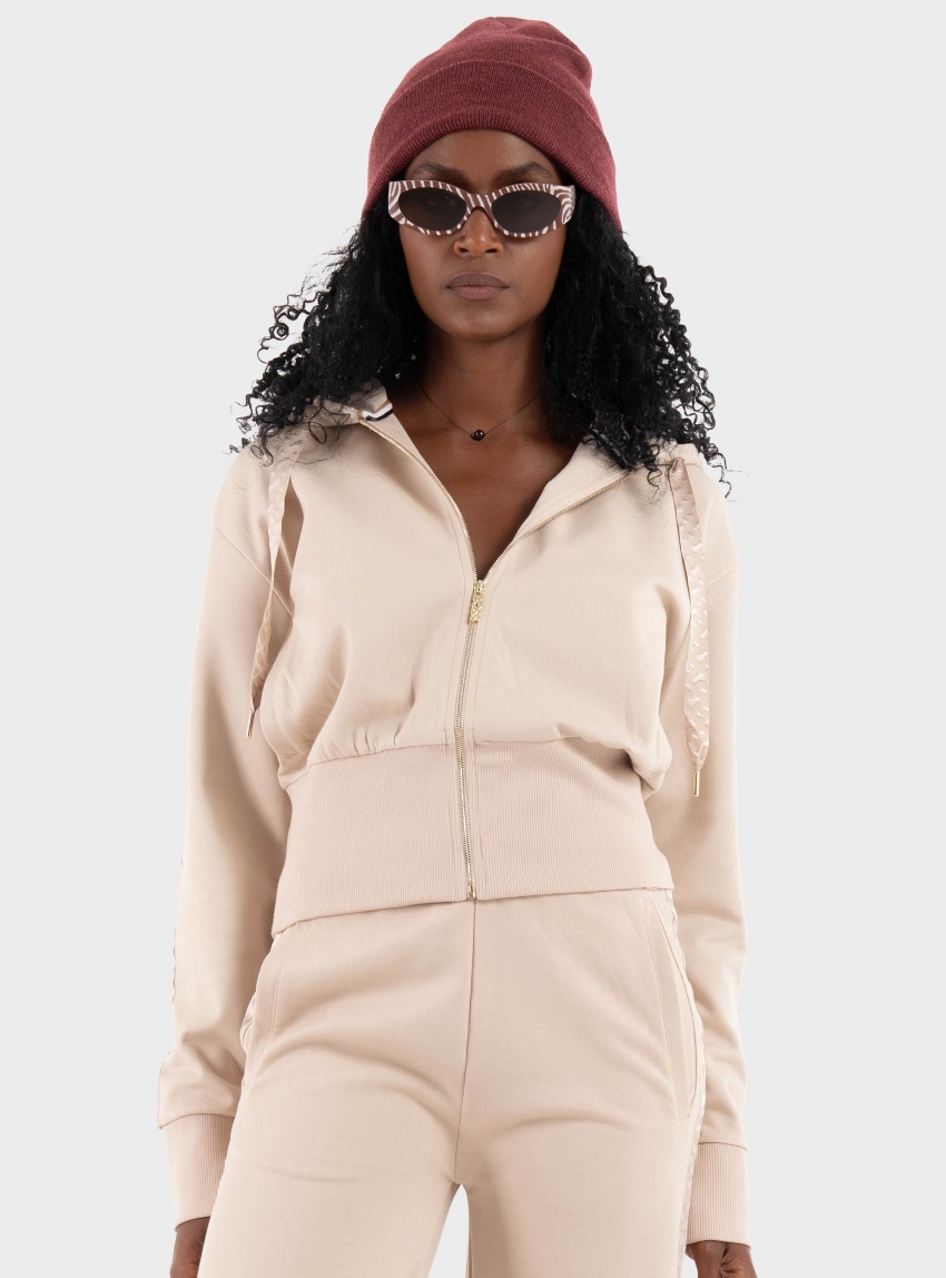 BOSS Zip-Up Hoodie With Monogram Tape  B Texture_Jacket H. - Light Beige