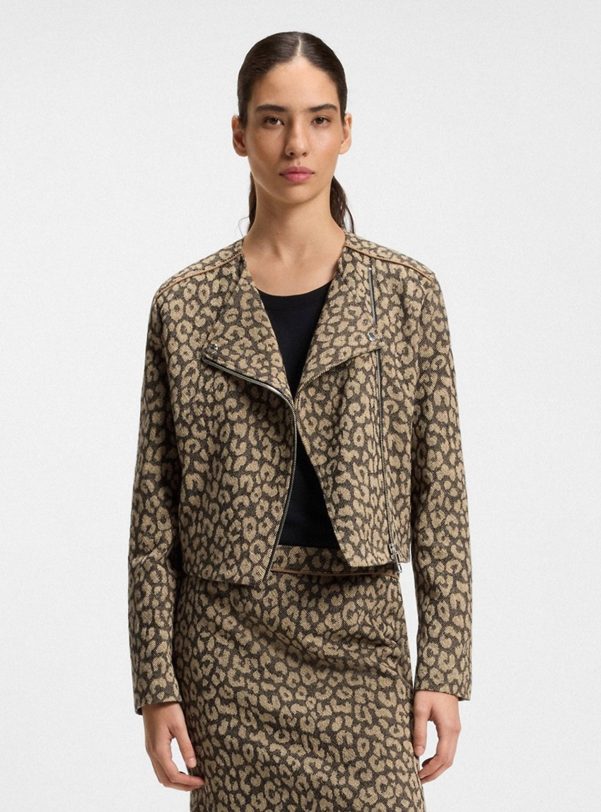 BOSS Cropped Biker Jacket In Cotton-Blend Leopard Jacquard C_Jaleo - Animal Print