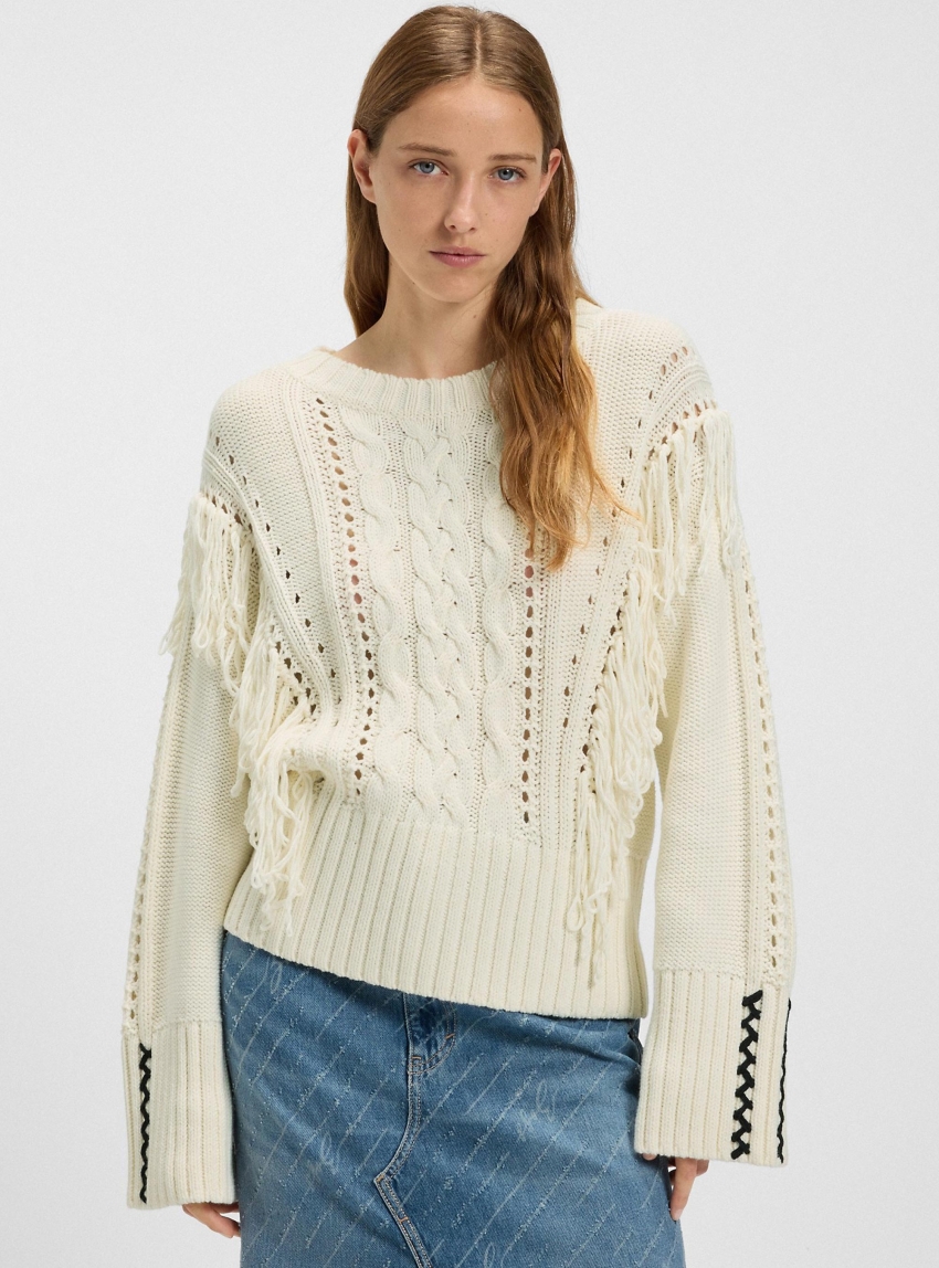 BOSS Knitted Fringed Pullover C_Fitto - Ecru