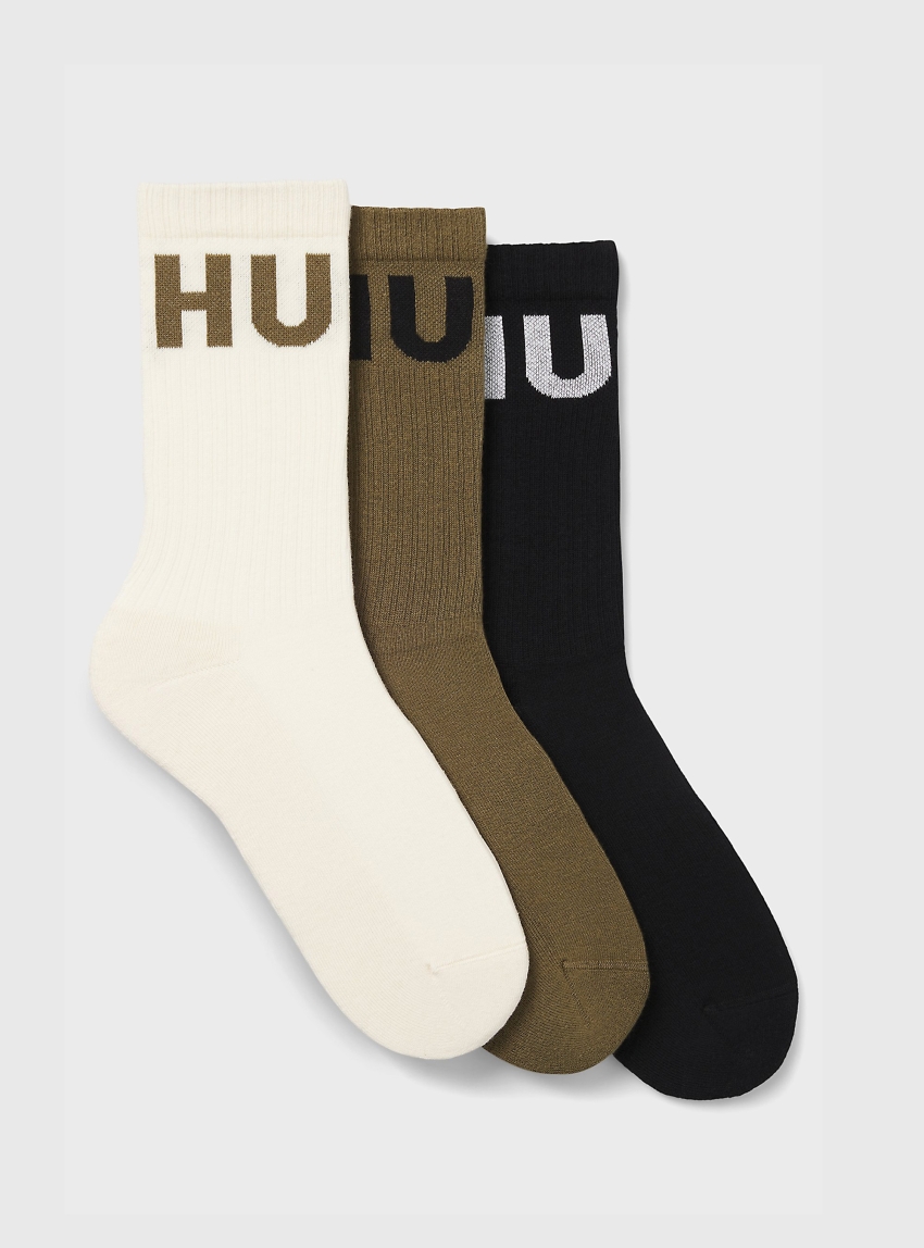 HUGO Three-Pack Of Ribbed Short Socks With Logos 3P QS ICONIC CC - Olive 