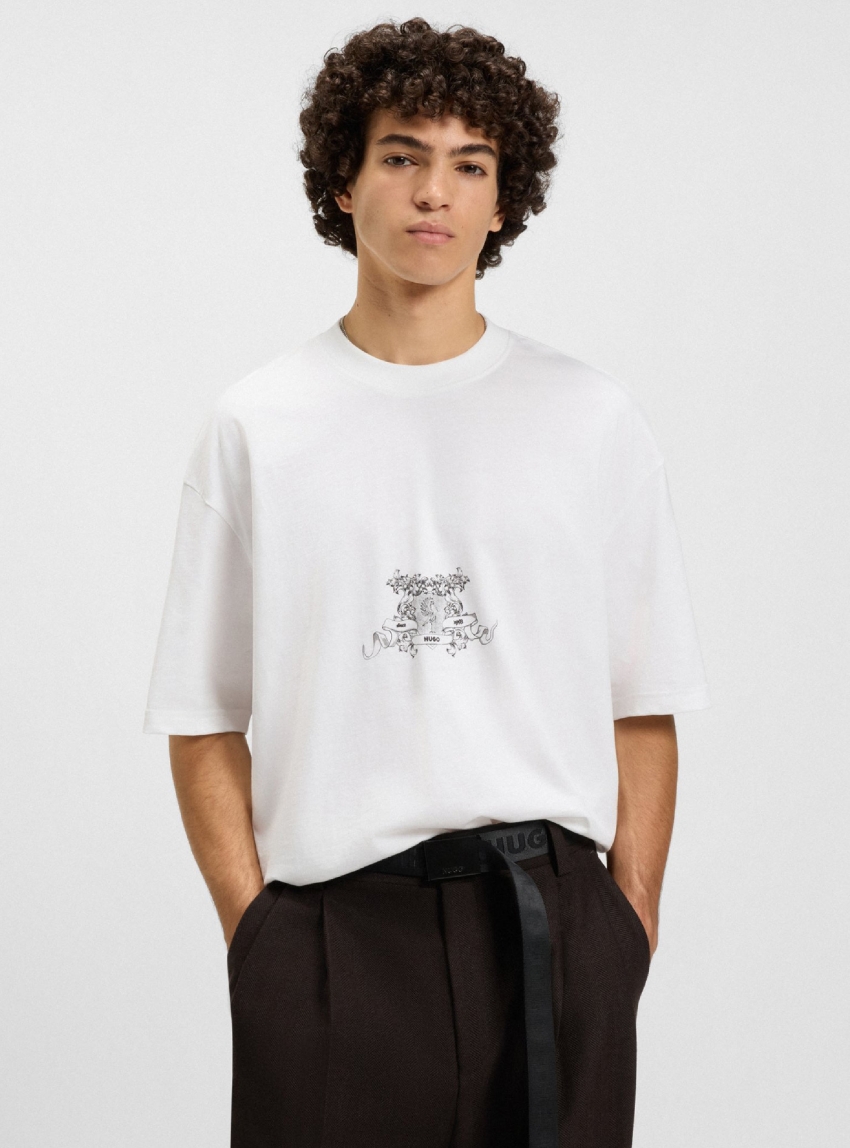 HUGO Cotton-Jersey T-Shirt With Collegiate Logos  Duarms - White