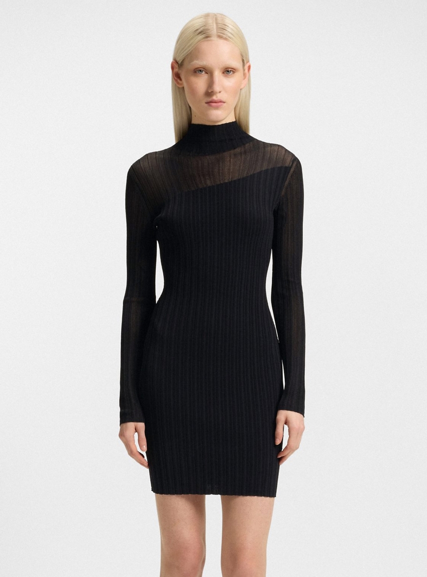 HUGO Ribbed Crepe Bodycon Dress With Sheer And Solid Effects Siclaminy - Black