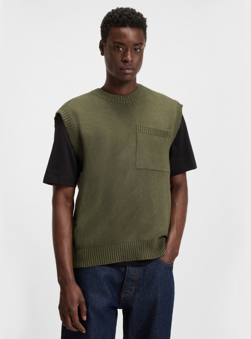 HUGO Relaxed-Fit Knit T-Shirt With Chest Pocket Savvy - Olive 