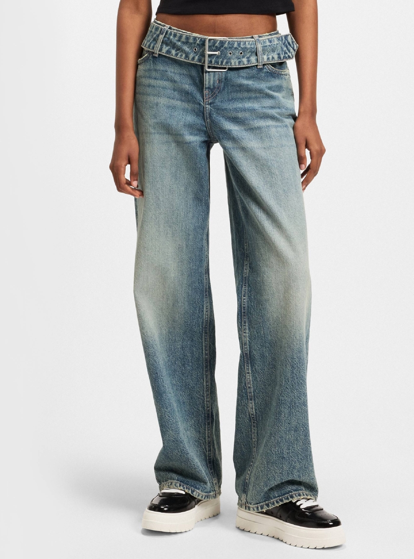 HUGO Baggy-Fit Jeans With Denim Belt Glory_B - Medium Aged Denim