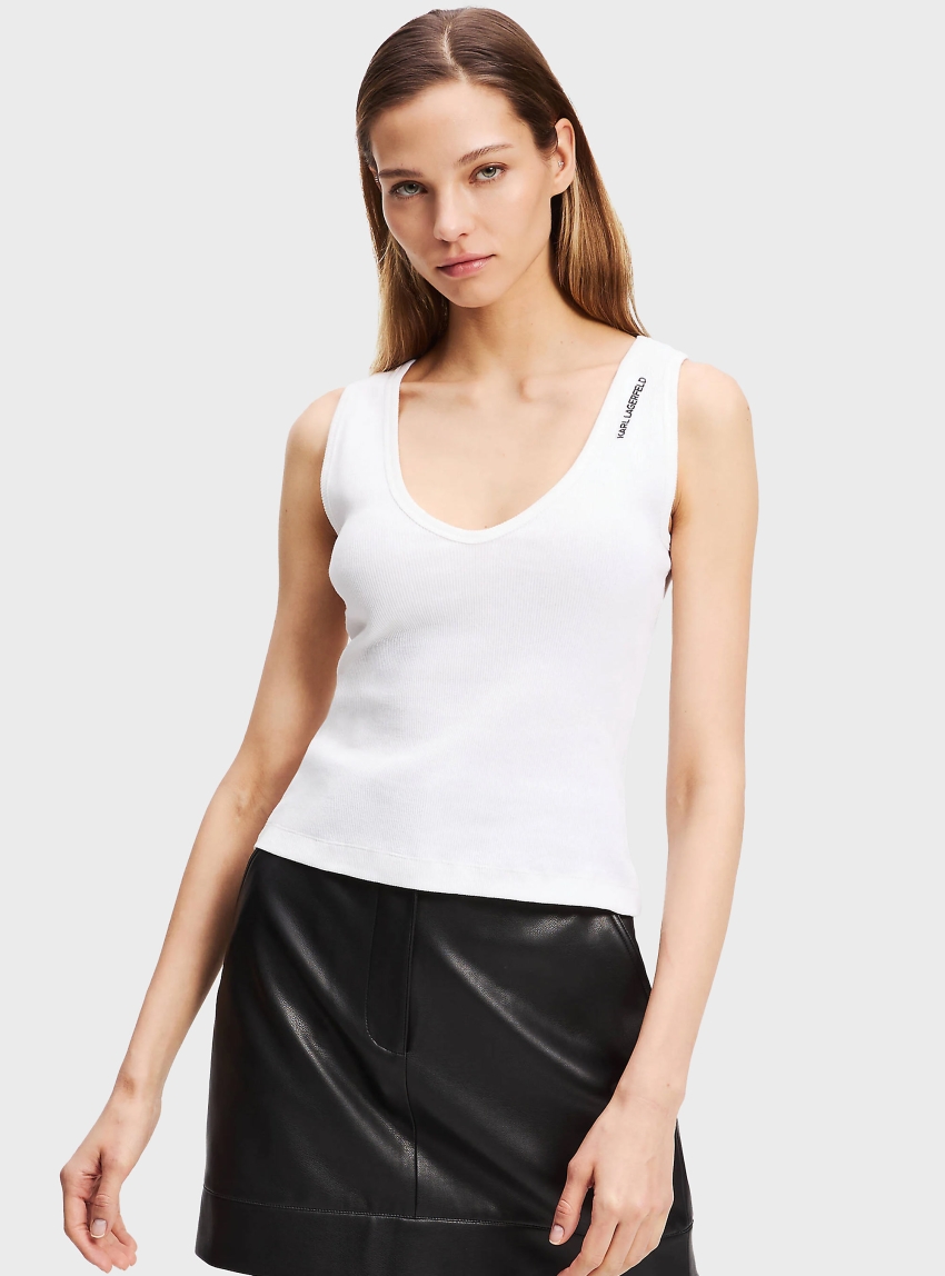 Karl Lagerfeld Ribbed V-Neck Tank Top - White