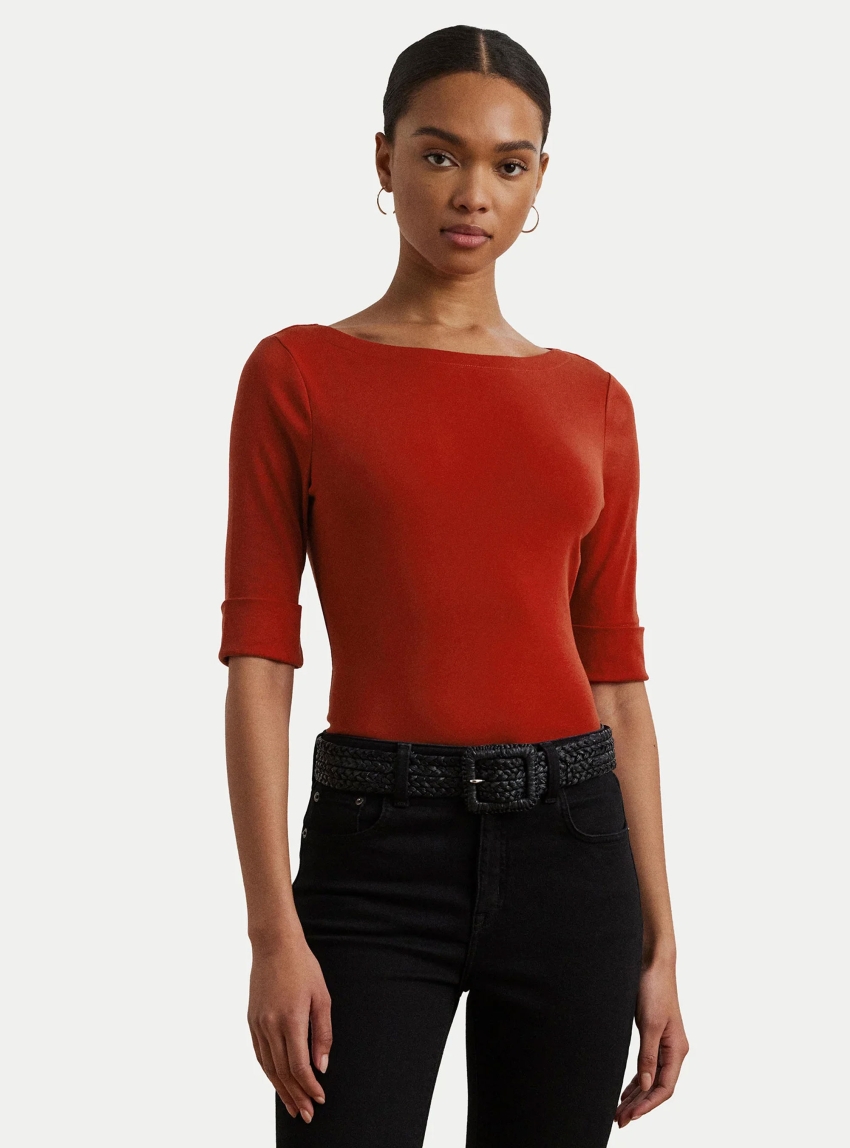 LAUREN Ralph Lauren Stretch Cotton Boatneck Tee - Red