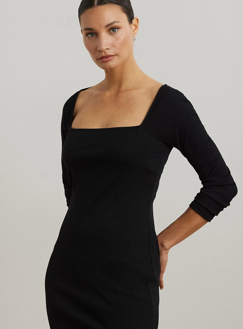 LAUREN Ralph Lauren Rib-Knit Long-Sleeve Midi Dress - Black