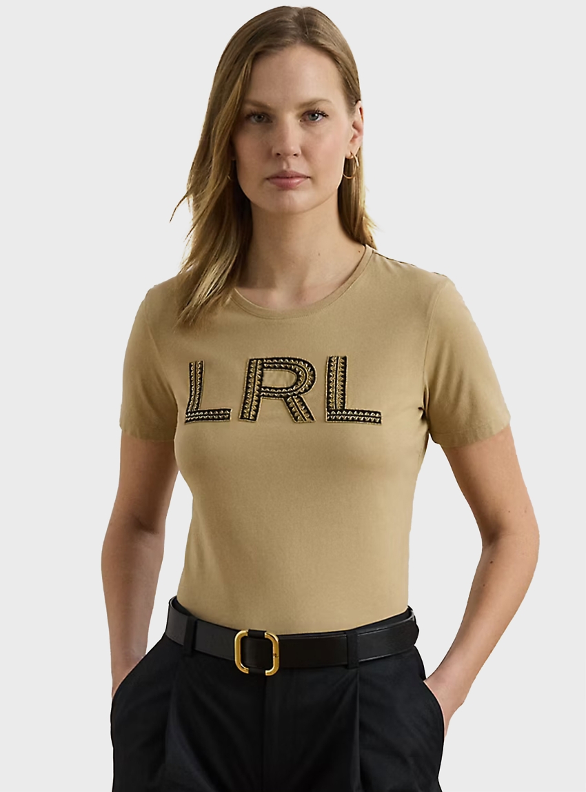 LAUREN Ralph Lauren Beaded-Logo Cotton Jersey T-Shirt - Beige