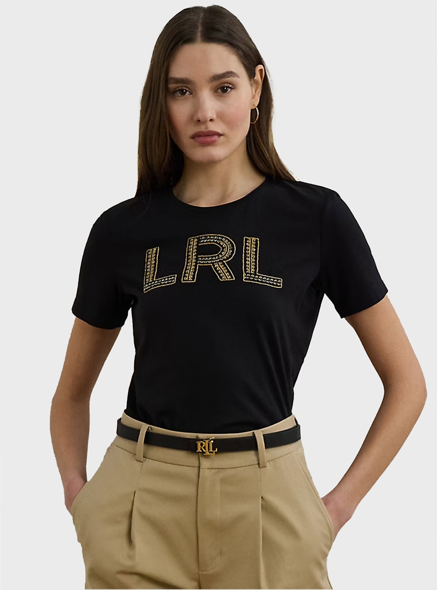 LAUREN Ralph Lauren Beaded-Logo Cotton Jersey T-Shirt - Black