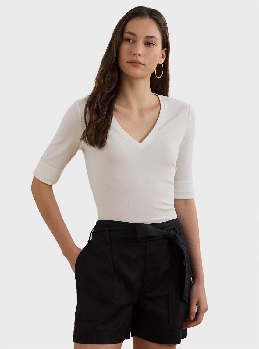 LAUREN Ralph Lauren Stretch Cotton Elbow-Sleeve V-Neck Tee - White