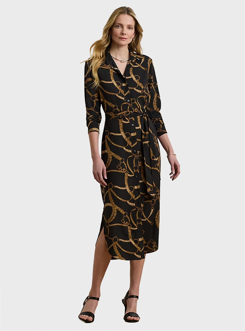 LAUREN Ralph Lauren Belting-Print Crepe Shirtdress - Black