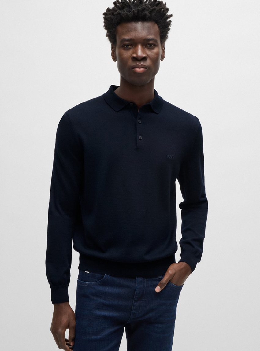 BOSS Long-Sleeved Knit Polo Sweater In Virgin Wool Bono-L - Dark Blue