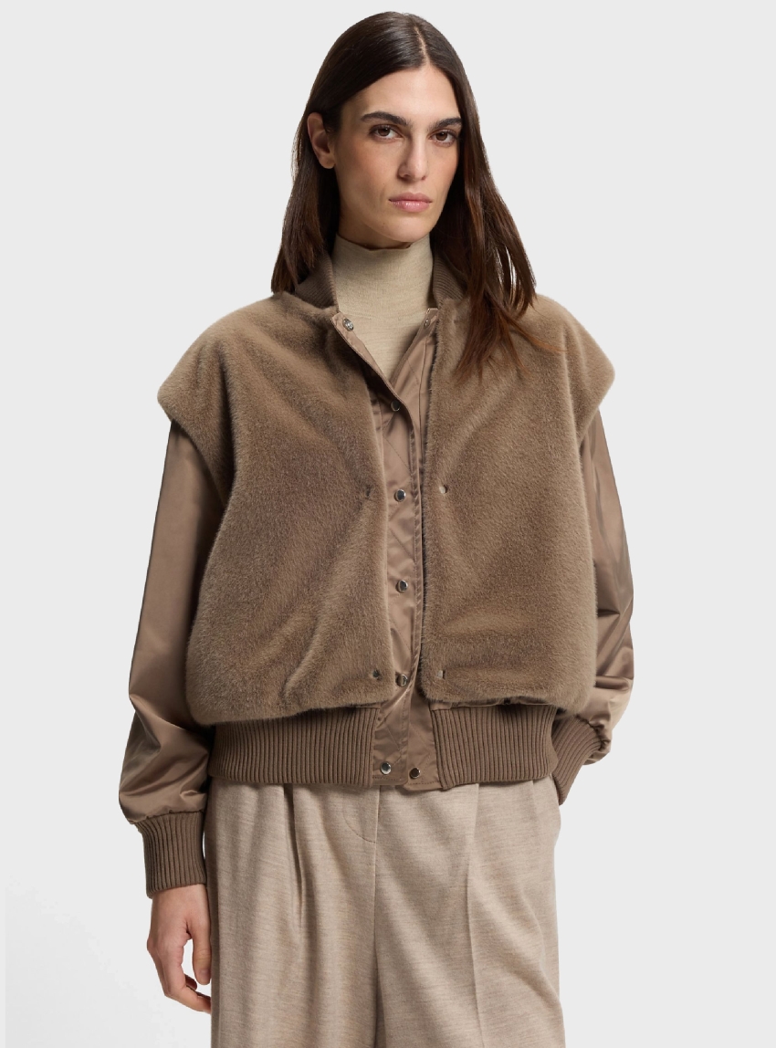 BOSS Satin Bomber Jacket With Removable Faux-Fur Gilet Pettica - Light Brown
