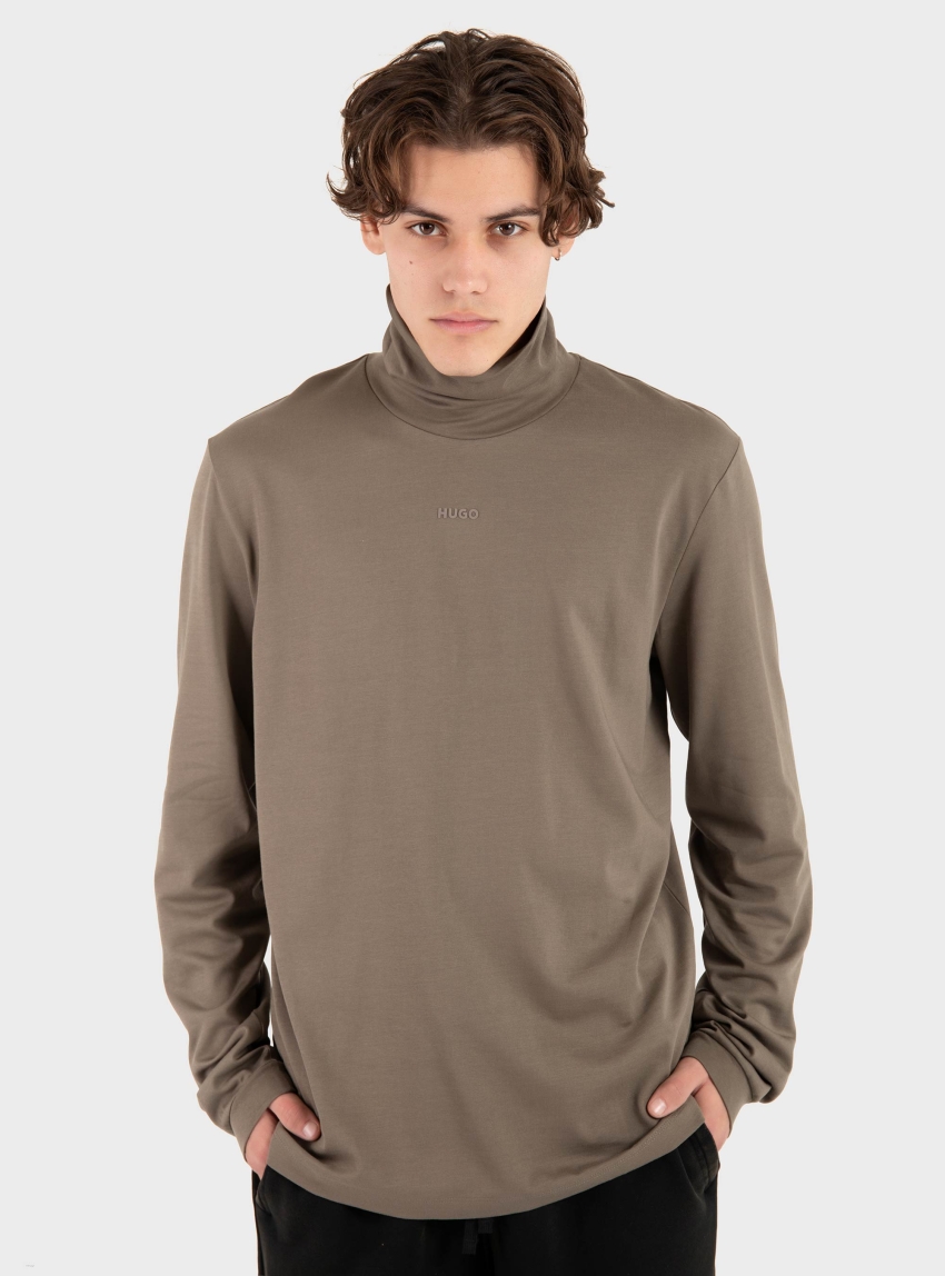 HUGO Rollneck Logo Long Sleeve T-Shirt In Cotton Daporollo - Grey