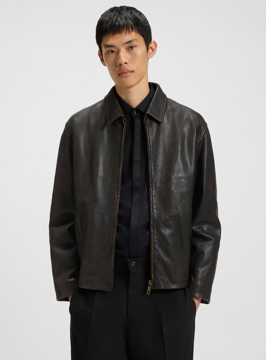 HUGO Topstitched Jacket In Grained Leather  Lapos - Brown