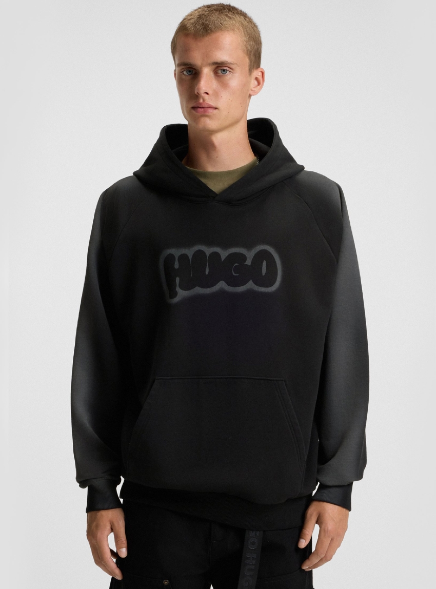 HUGO Airbrush-Logo Hoodie In Cotton Terry Nuneony - Black