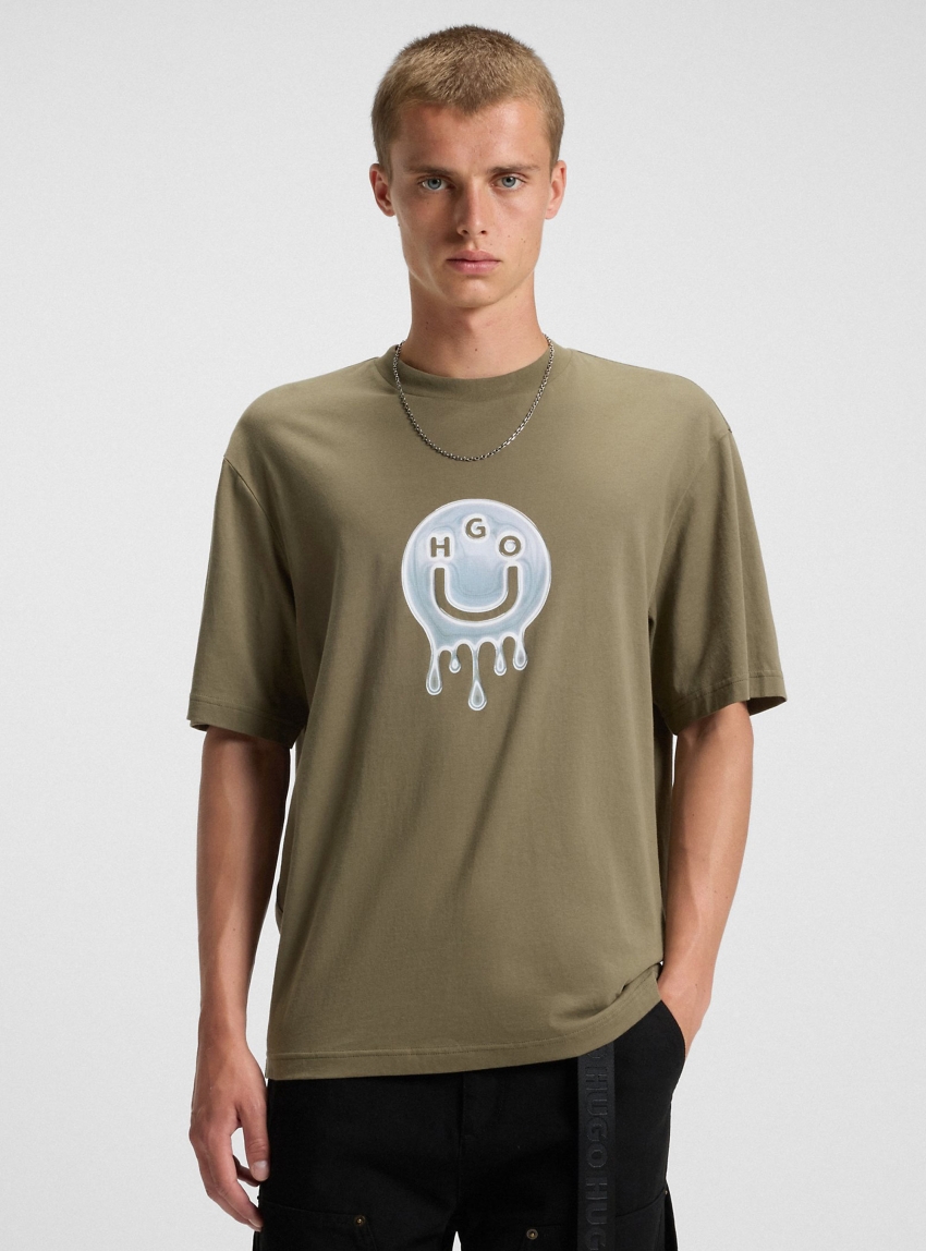 HUGO Logo-Artwork T-Shirt In Cotton Jersey Nedirix - Olive 