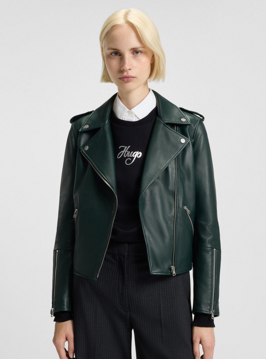 HUGO Regular-Fit Leather Jacket Lujana - Dark Green